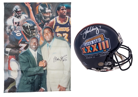 Lot of (2) NFL/NBA Hall of Famer Dual Signed Items with a Magic Johnson/Terrell Davis Canvas & an Elway/Davis  Super Bowl XXXII/XXXIII Helmet (PSA/DNA)
